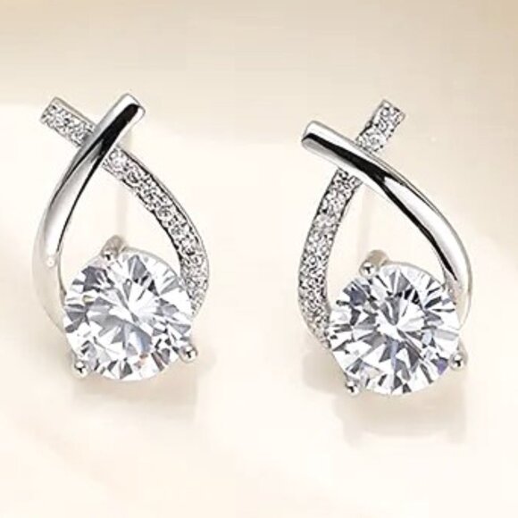Earrings Rhinestone Criss Cross Teardrop Pierced Classy Minimalist Silver Glam - Picture 1 of 4